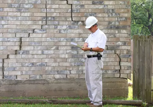 A foundation contractor checks out a problematic brick wall. Basement Systems Waterproofing & Foundation is a foundation contractor.