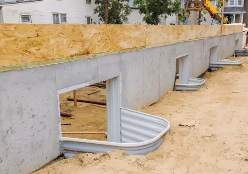 A foundation is seen on a construction site. Basement Systems Waterproofing & Foundation is a foundation contractor.